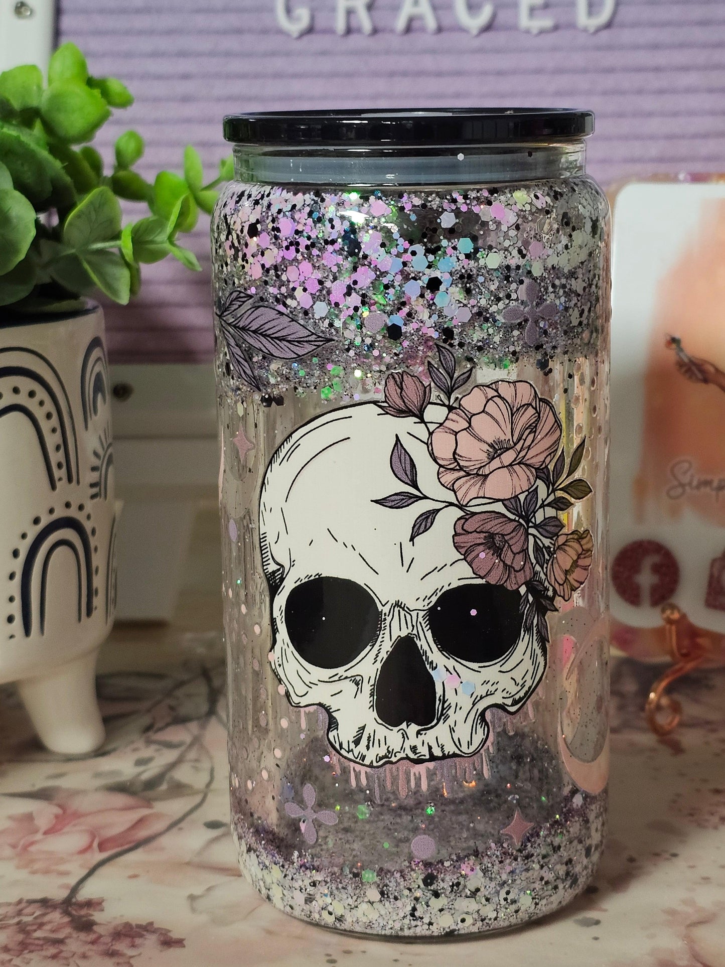 Skull & Flowers Snowglobe Libbey Glass - Simply Graced Mama