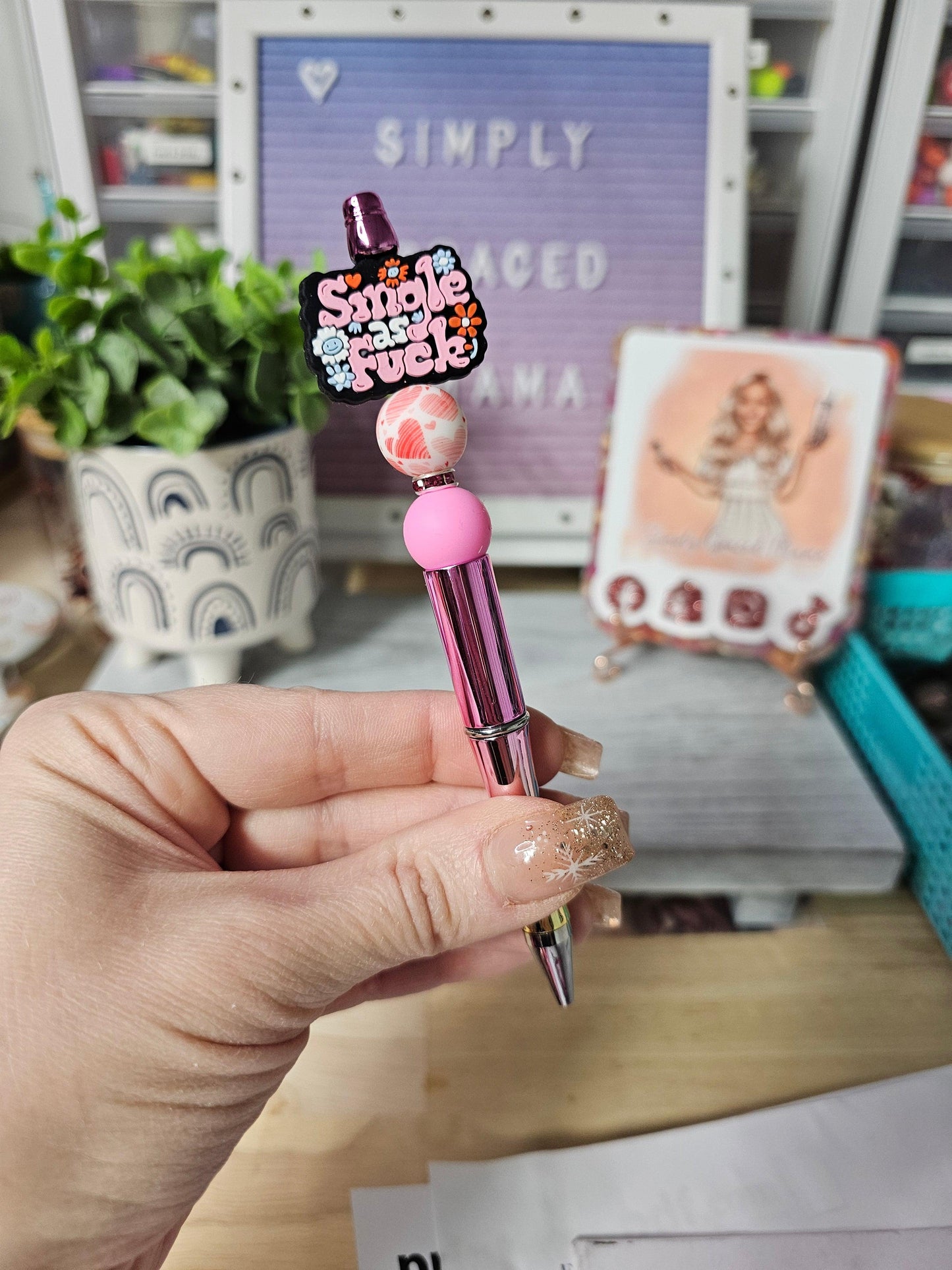 Single Chrome Pink & Yellow Beaded Pen - Simply Graced Mama