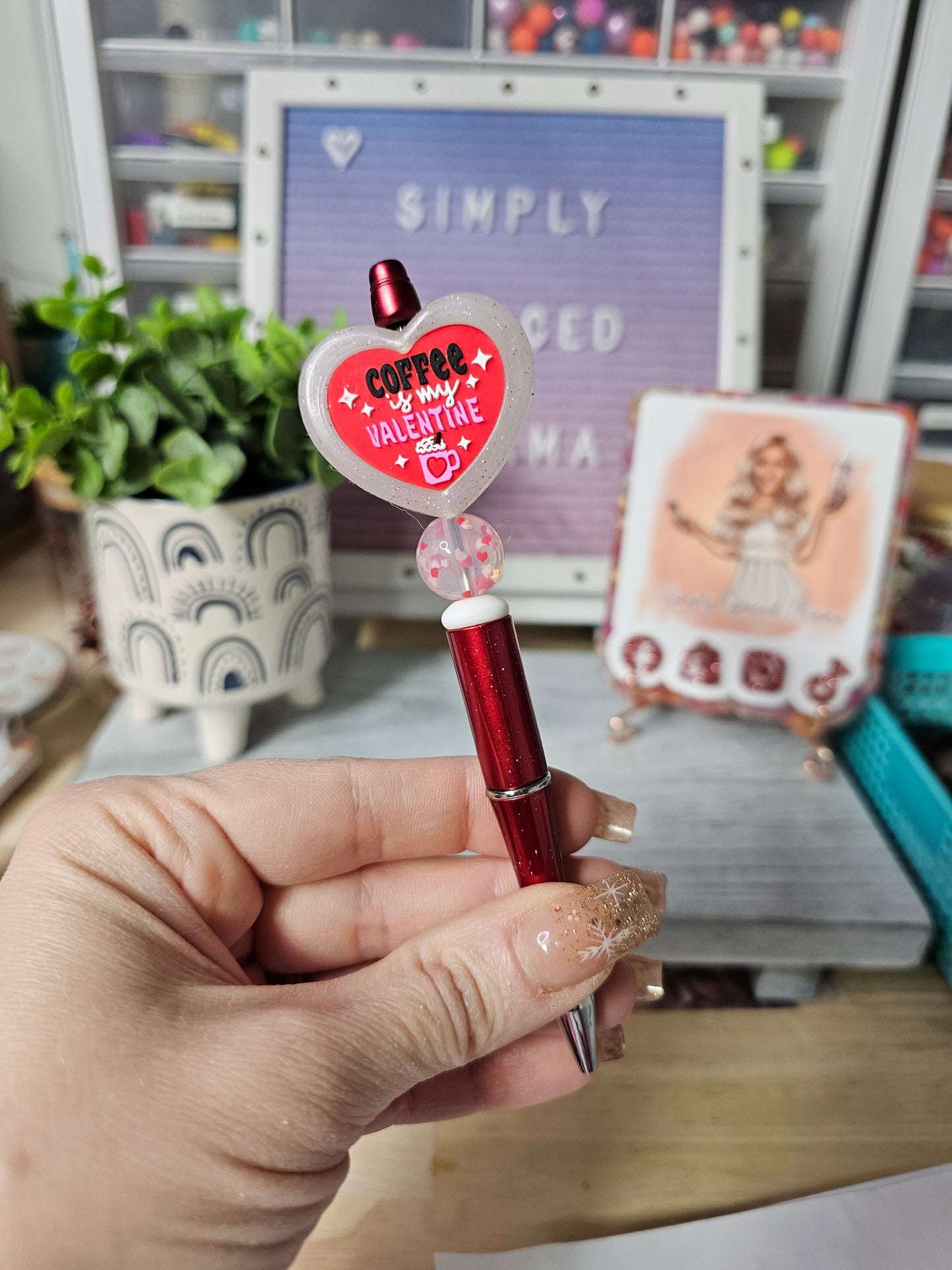 Coffee is my Valentine Beaded Pen with Silicone Glitter Heart Add on