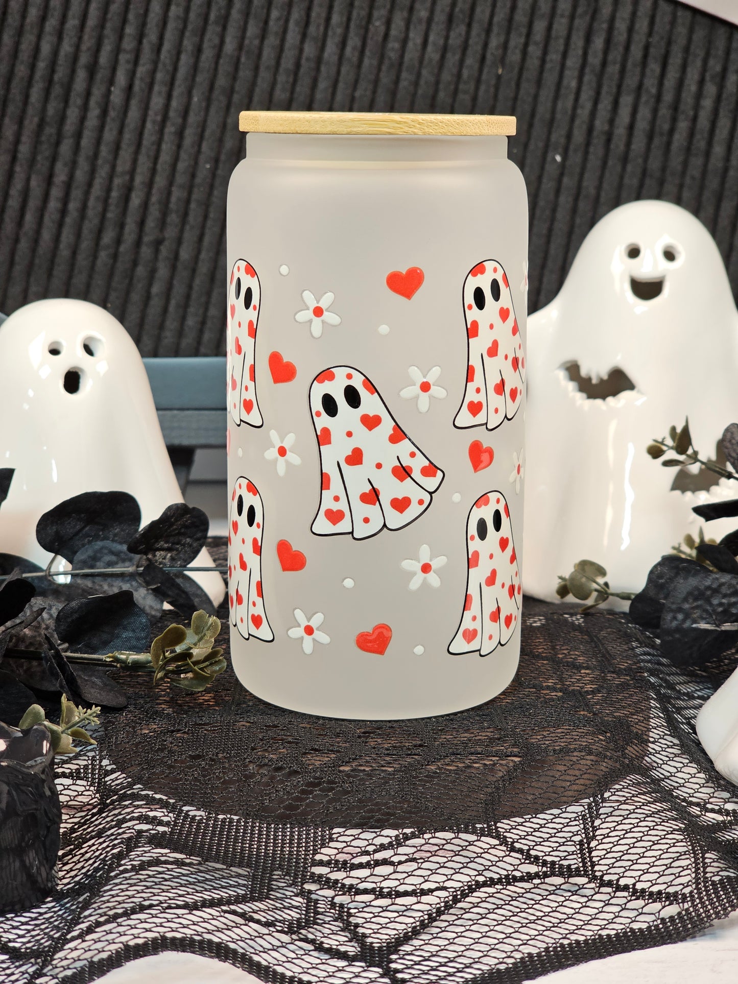 Ghosts & Hearts Frosted Libbey Glass Cup - Simply Graced Mama