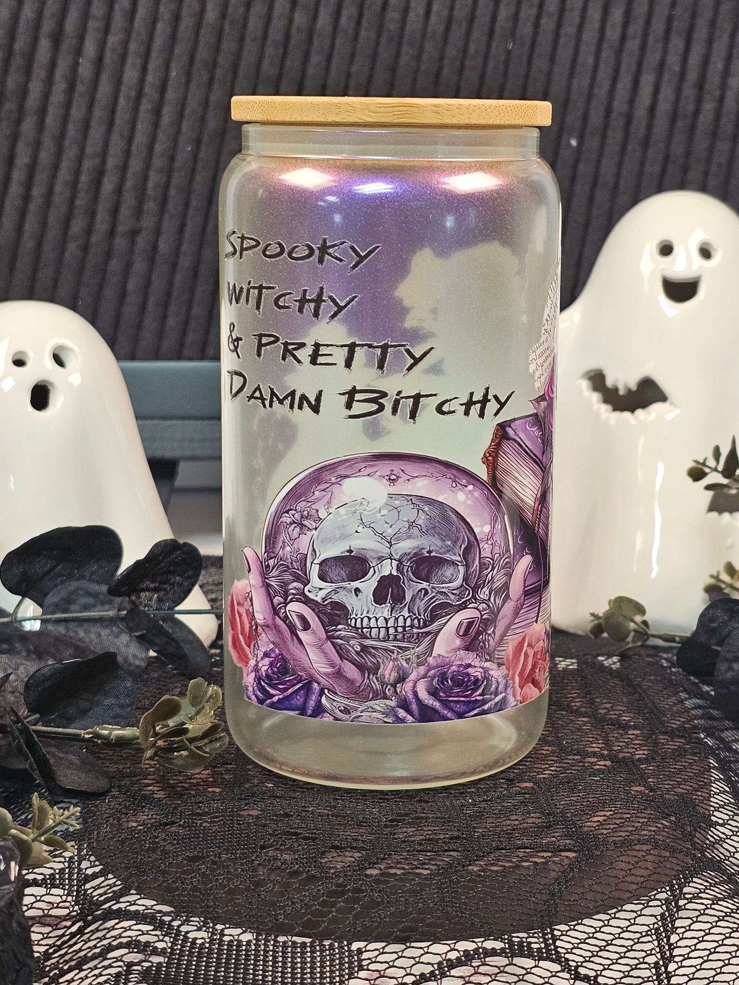 Spooky, Witchy & Pretty Damn Bitchy Irredescent Libbey Glass Cup - Simply Graced Mama