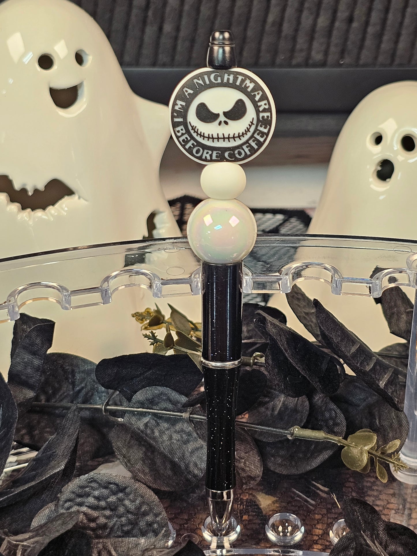 Nightmare Before Coffee (White) Beaded Pen - Simply Graced Mama