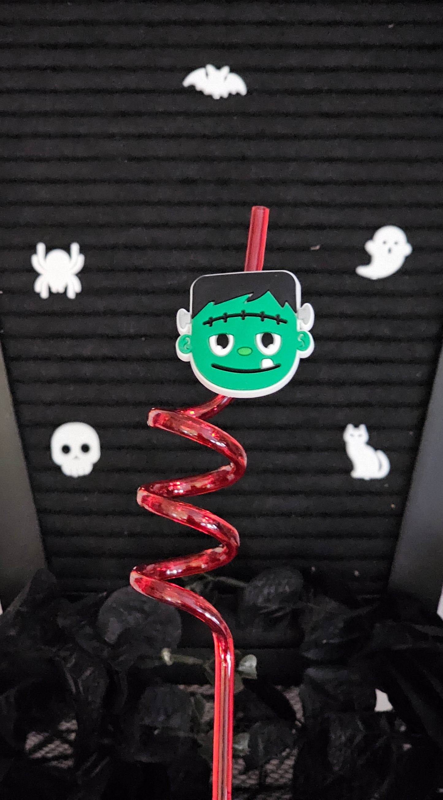 Red Twist Plastic Straw with Frankenstein Straw Charm - Simply Graced Mama