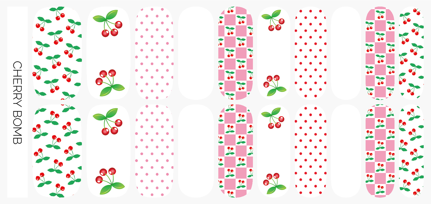Cherry Bomb | Retro Cherry Print Pink Check Nail Wrap Set