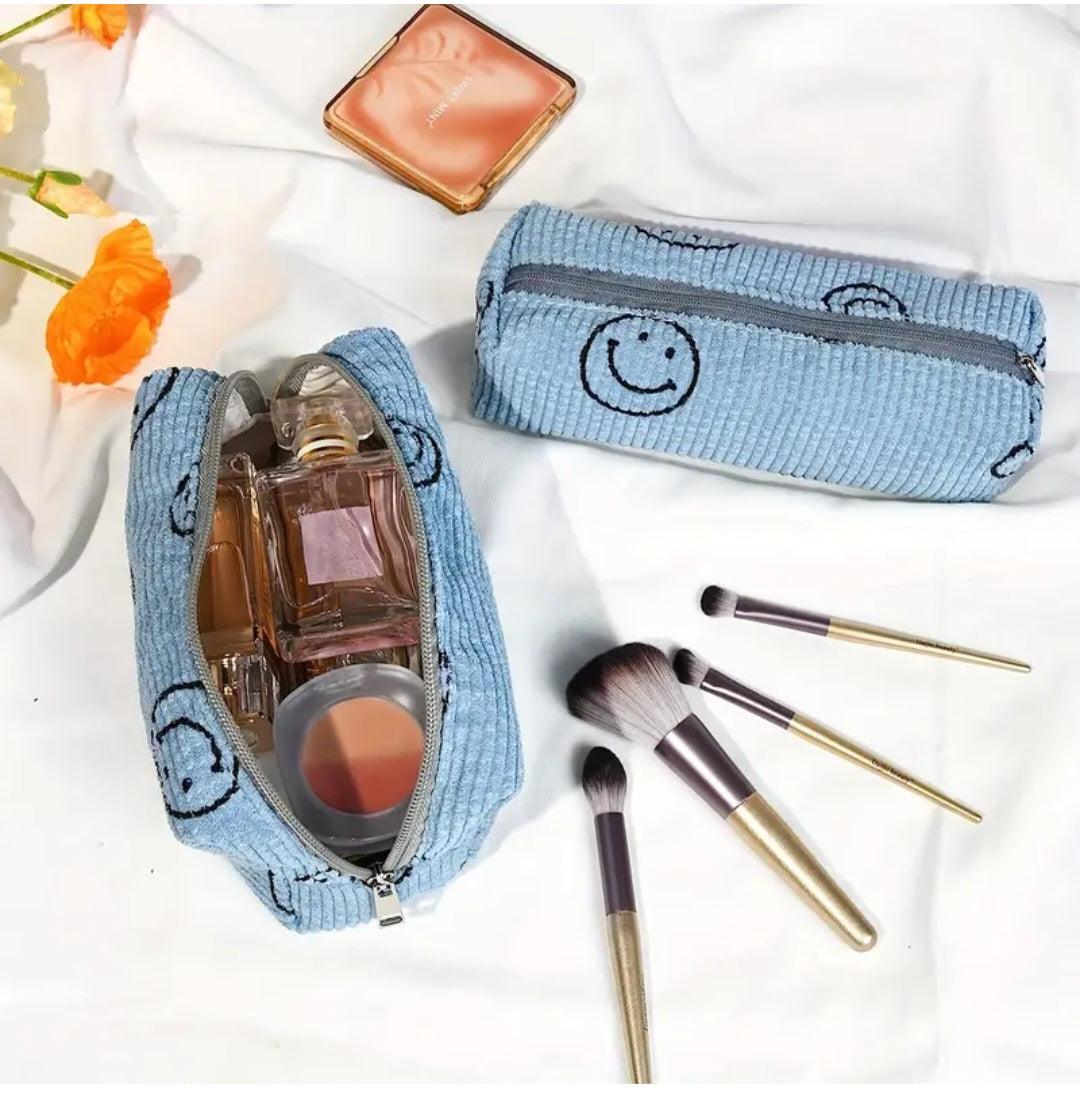 Smiley Face Corduroy Makeup Bag in Blue - Simply Graced Mama