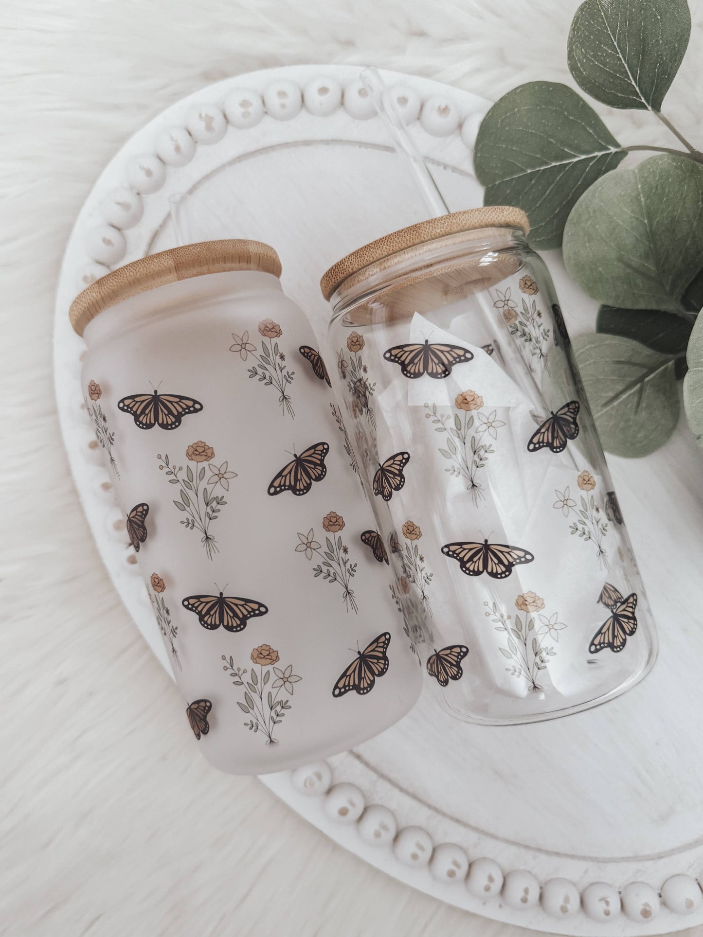 Boho Butterfly Frosted Glass Cup - Simply Graced Mama