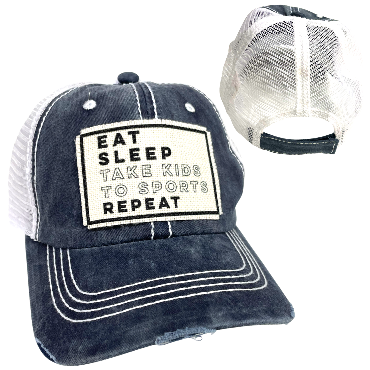 EAT SLEEP SPORTS BALL CAP | UNISEX HAT | DISTRESSED: Blue with White Mesh