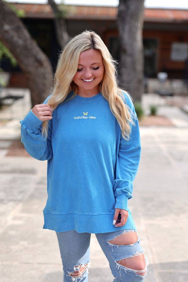 Mineral Wash Pullover- Faith Over Fear in Cobalt Blue
