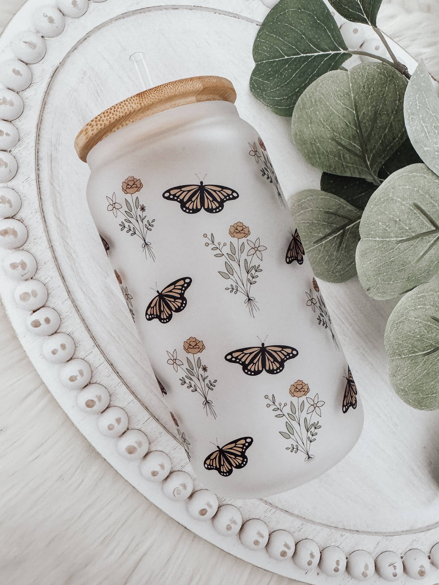 Boho Butterfly Frosted Glass Cup