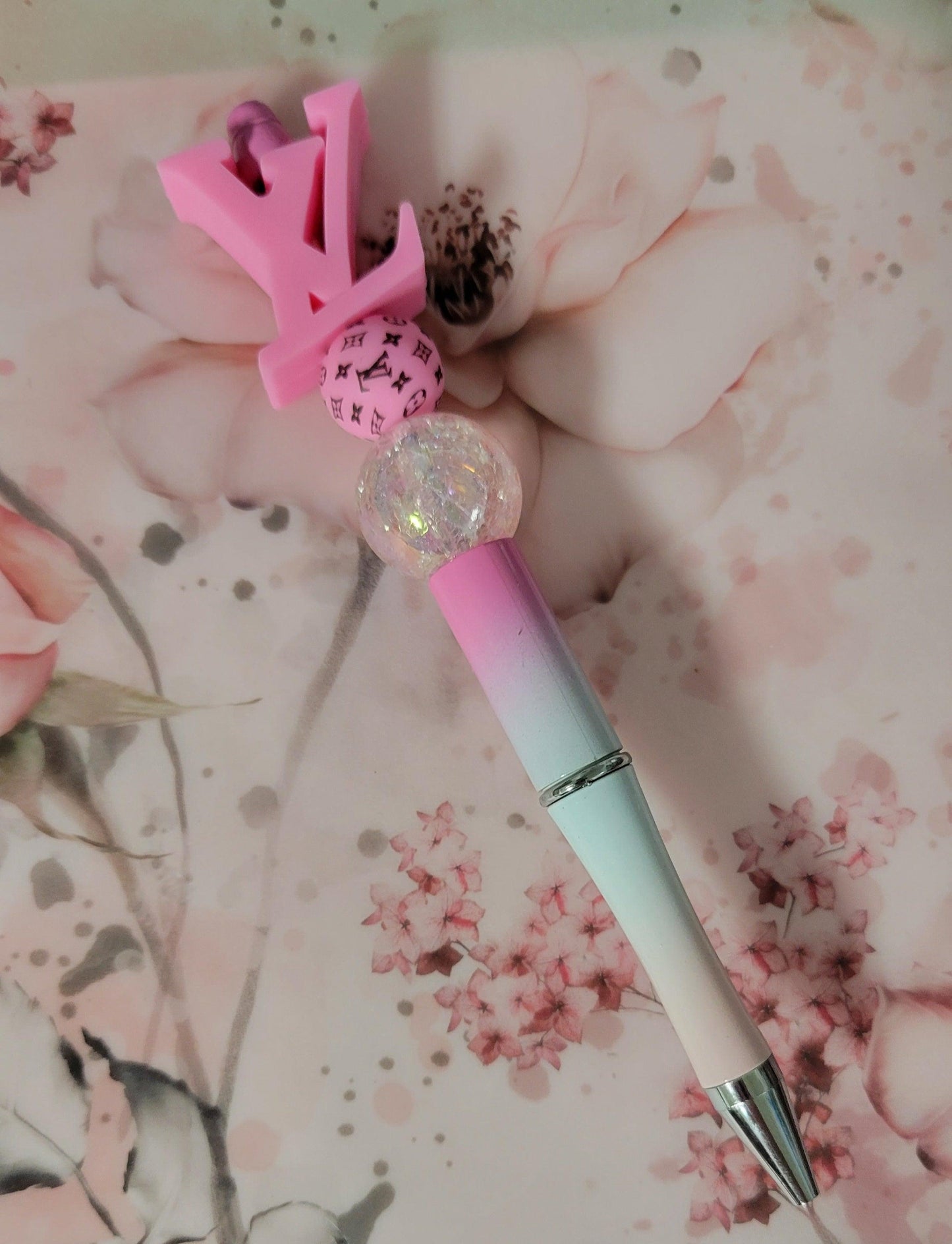 LV Designer Beaded Pen - Pink w/crackled glass bead - Simply Graced Mama