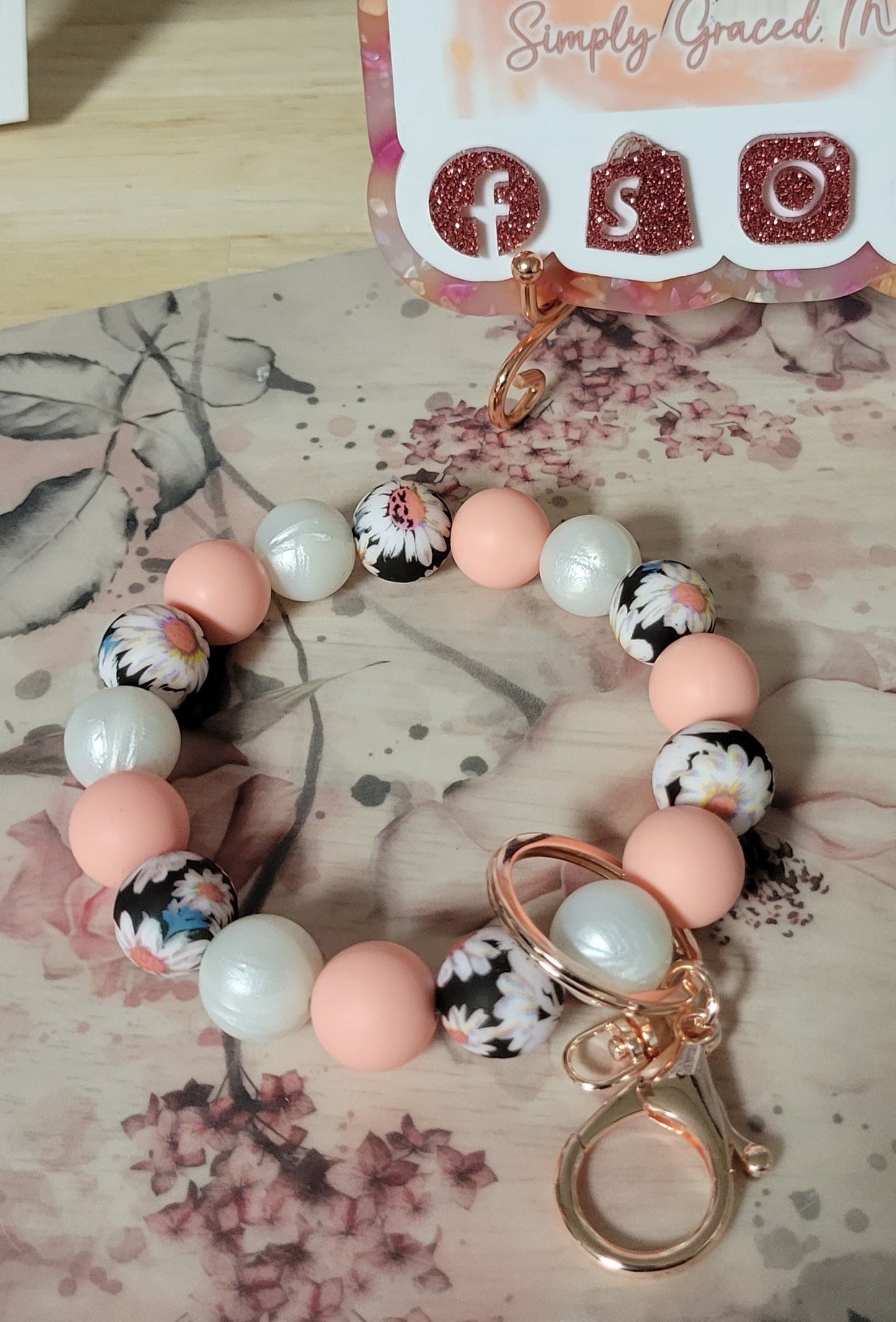 Pastel Pink Floral Beaded Wristlet - Simply Graced Mama