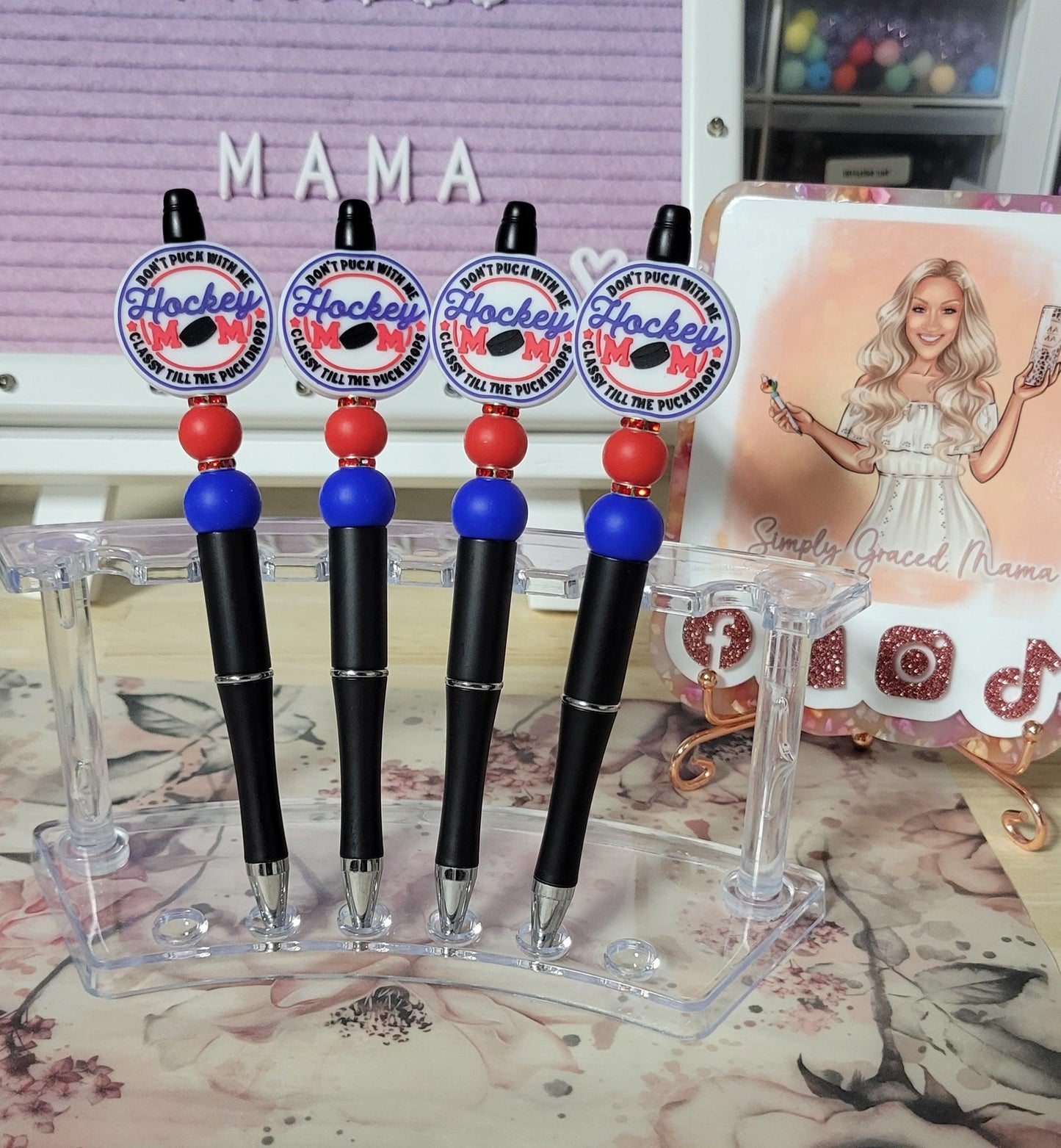 "Don't Puck With Me Classy Till The Puck Drops" Hockey Beaded Pen- Black, Blue, & Red - Simply Graced Mama