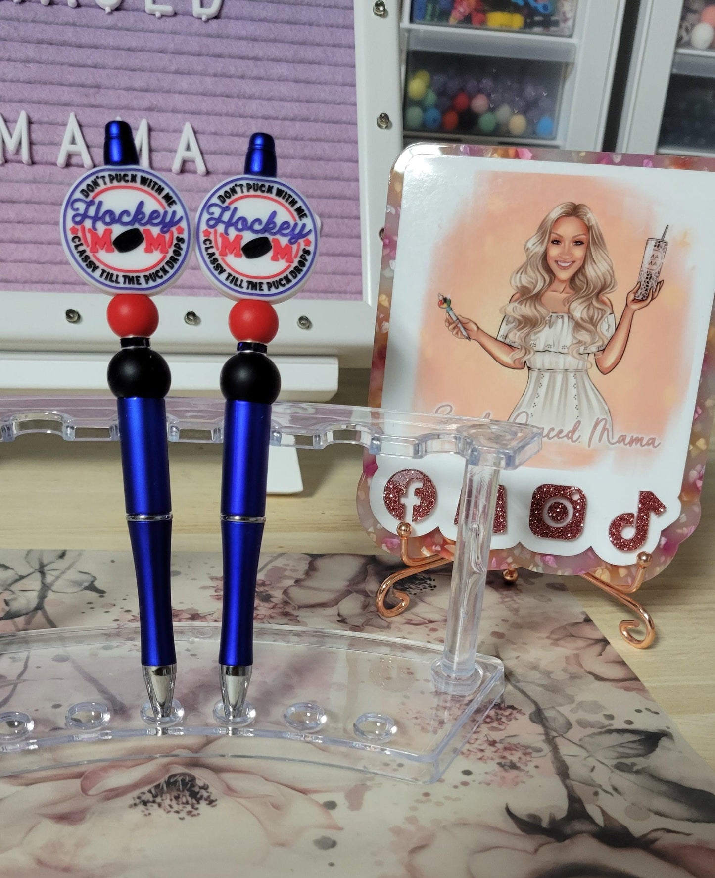 "Don't Puck With Me Classy Till The Puck Drops" Hockey Beaded Pen- Blue & Red - Simply Graced Mama