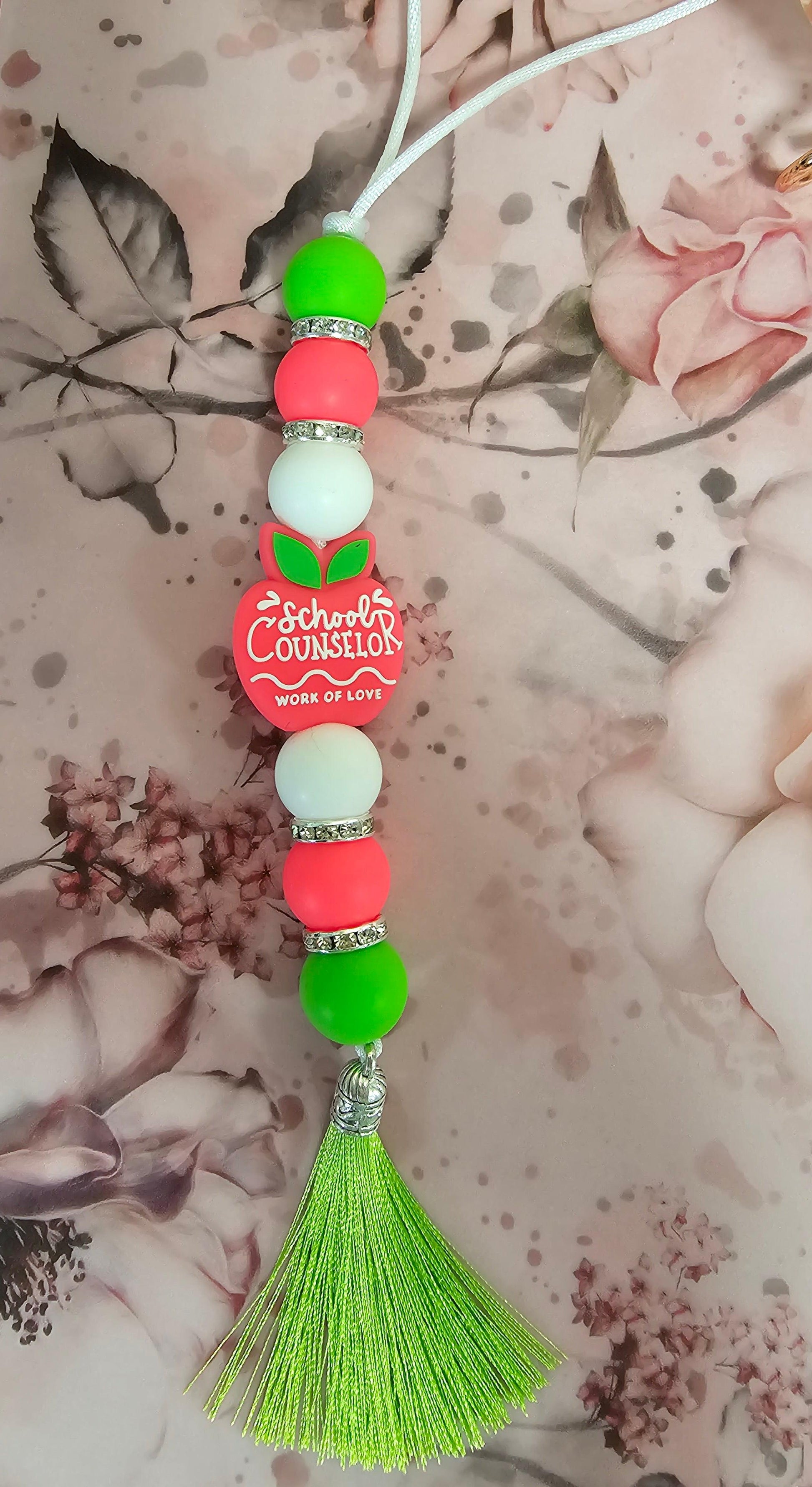 School Counselor Work of Love Beaded Car Charm with Green Tassel - Simply Graced Mama