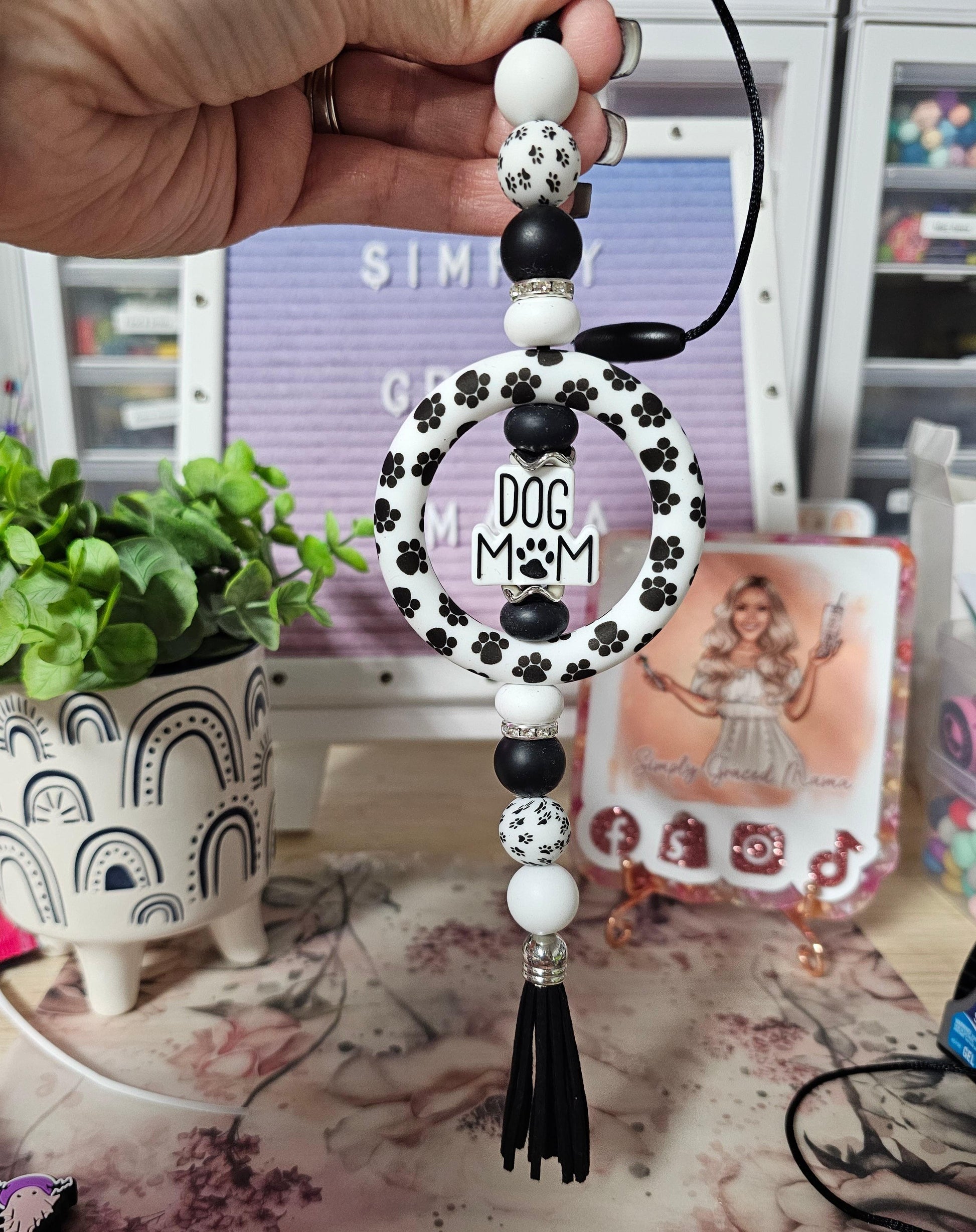 Dog Mom Paw Print Beaded Rear View Mirror Car Charm - Simply Graced Mama