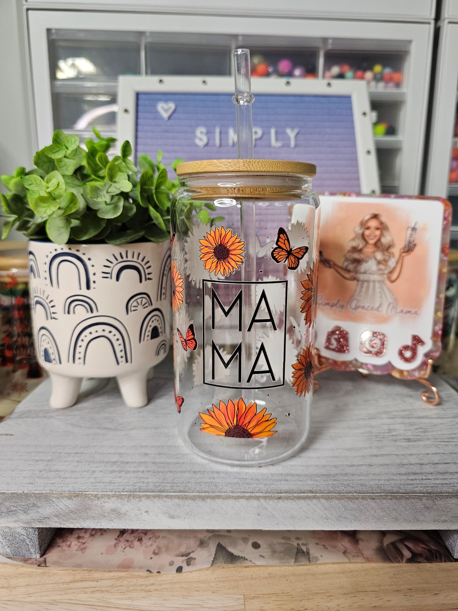 MA MA Floral Butterfly Libby Glass - Simply Graced Mama