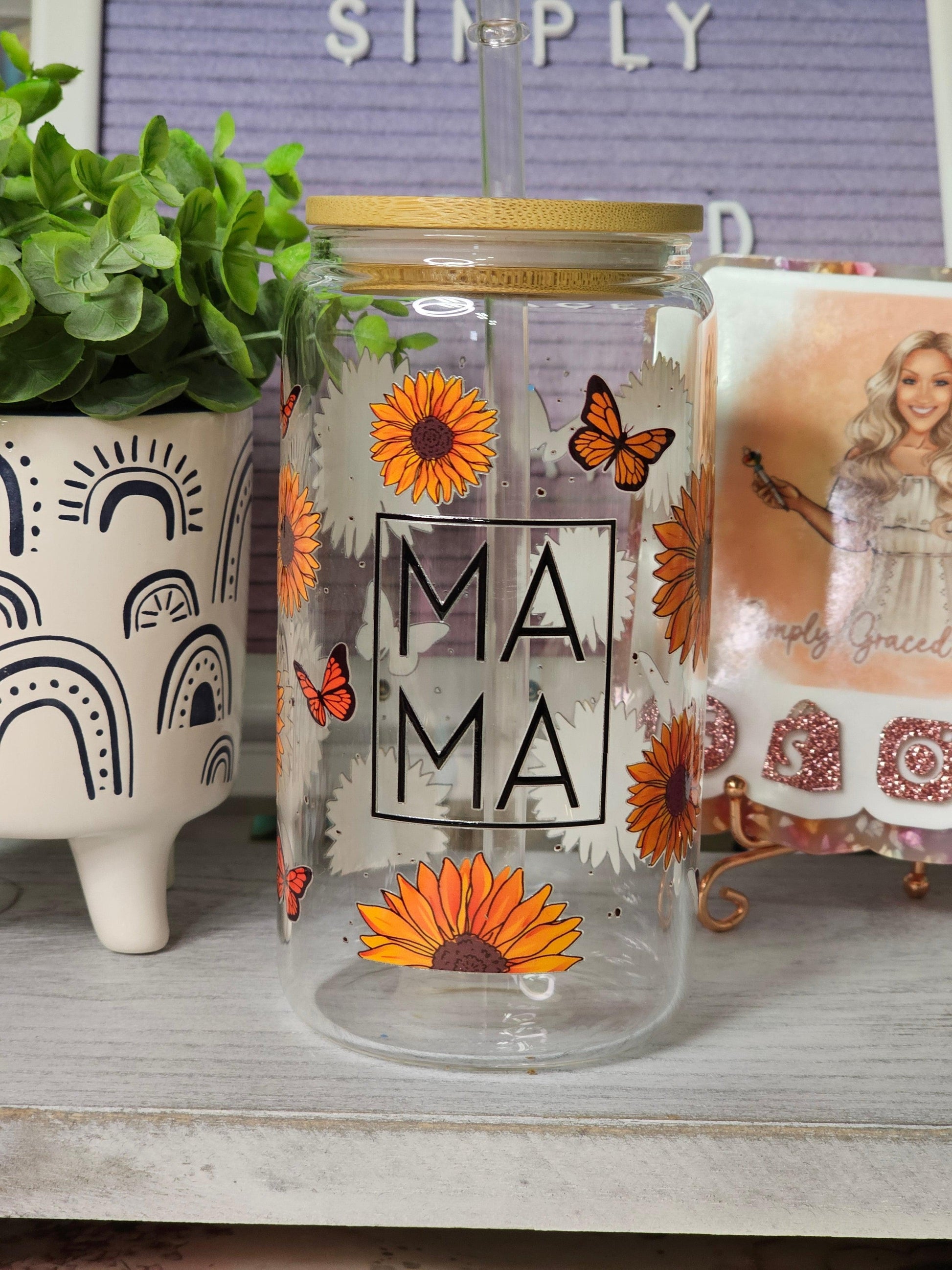 MA MA Floral Butterfly Libby Glass - Simply Graced Mama