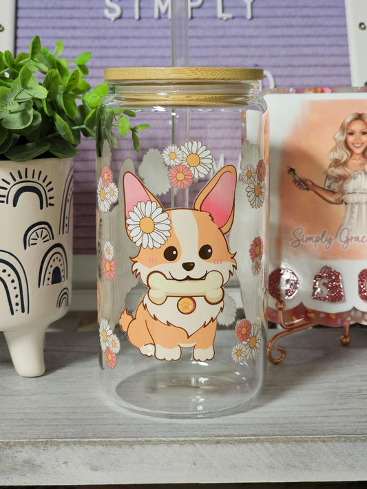 Floral Corgie Libby Glass - Simply Graced Mama