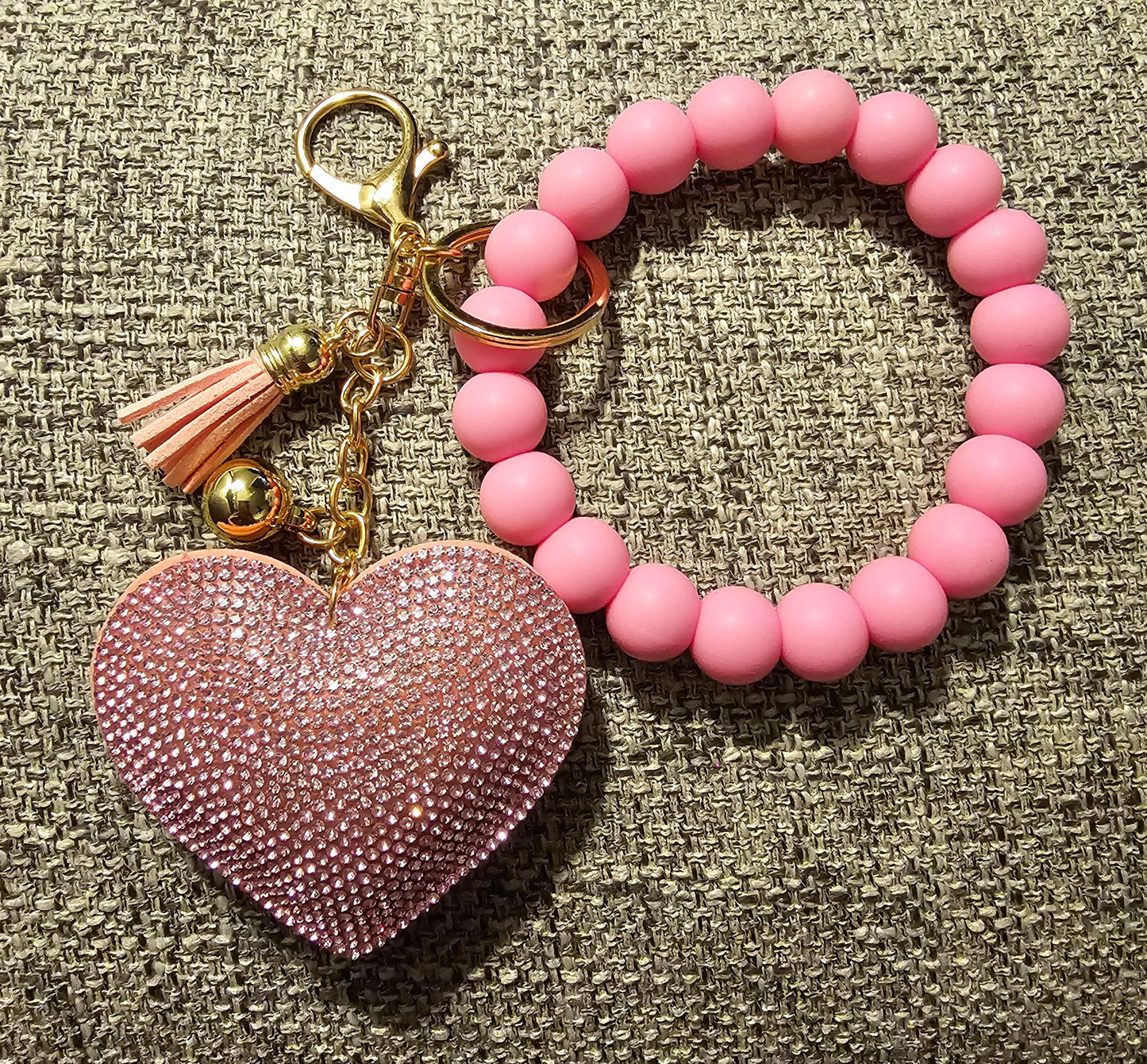 Pretty in Pink Beaded Wristlet with Pink Rhinestone Heart Keychain - Simply Graced Mama