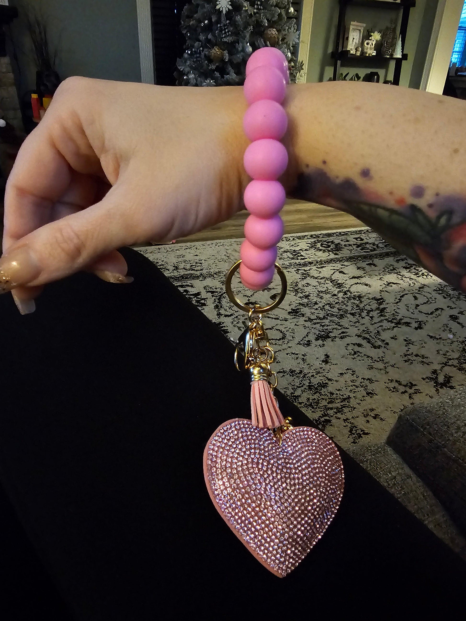 Pretty in Pink Beaded Wristlet with Pink Rhinestone Heart Keychain - Simply Graced Mama