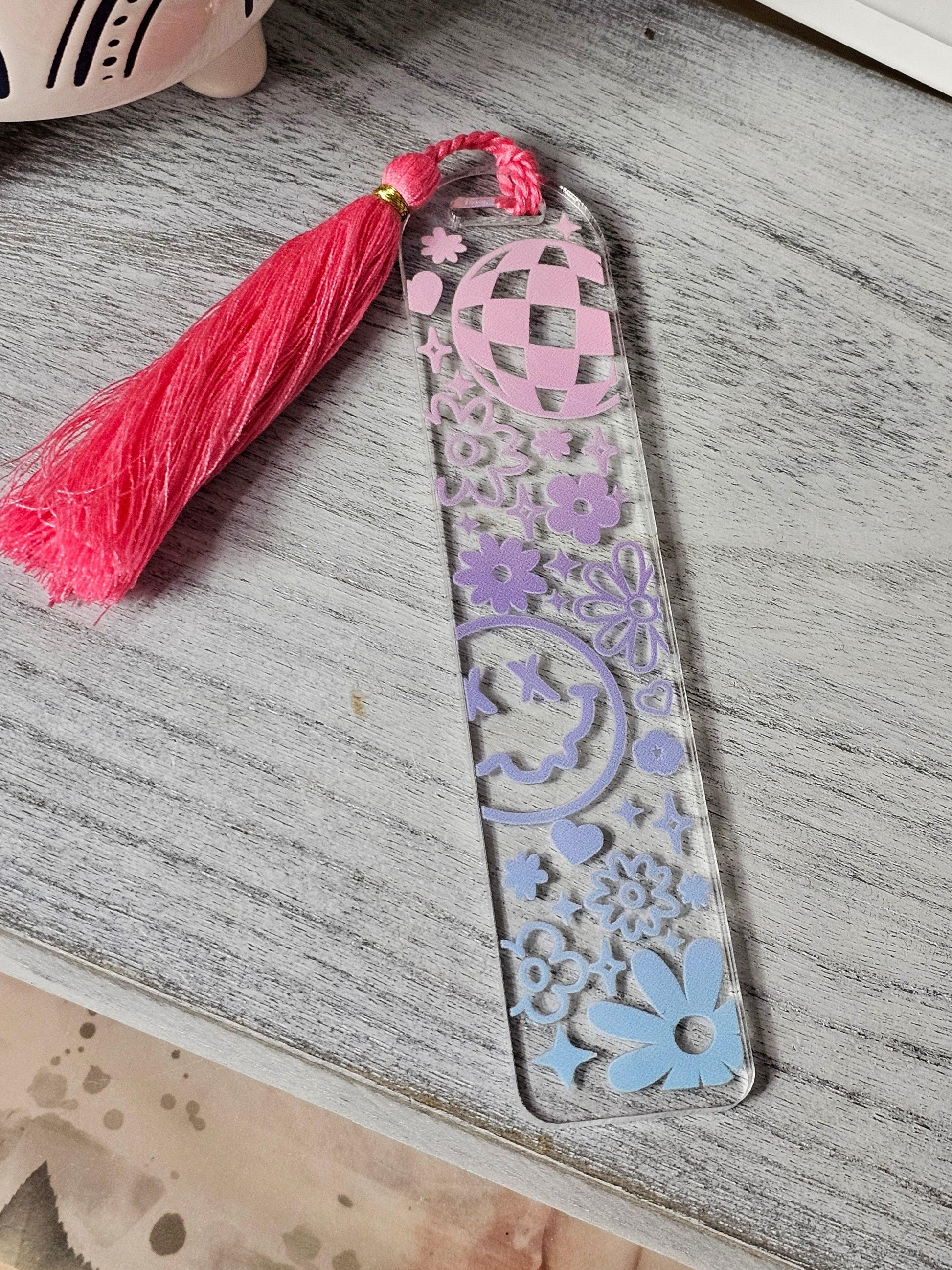 Disco Smiley Face & Floral Acrylic Bookmark with Tassel - Simply Graced Mama