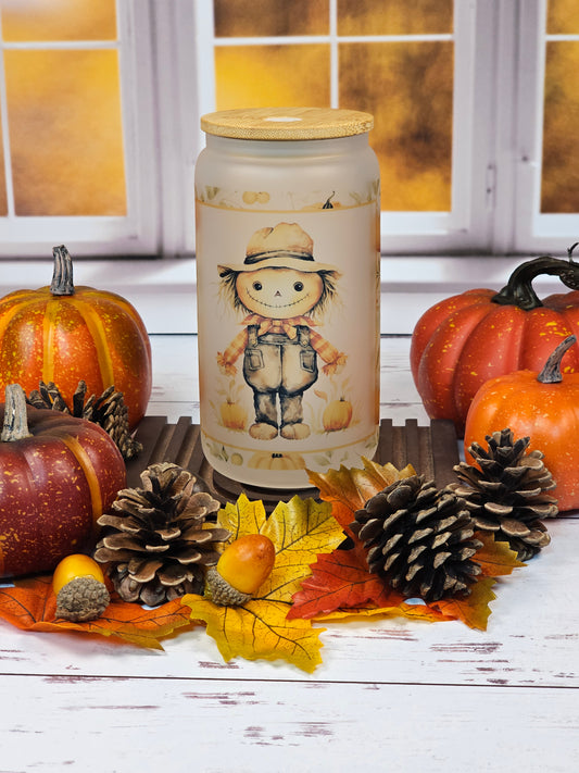 Scarecrow & Pumpkins Frosted Libbey Glass