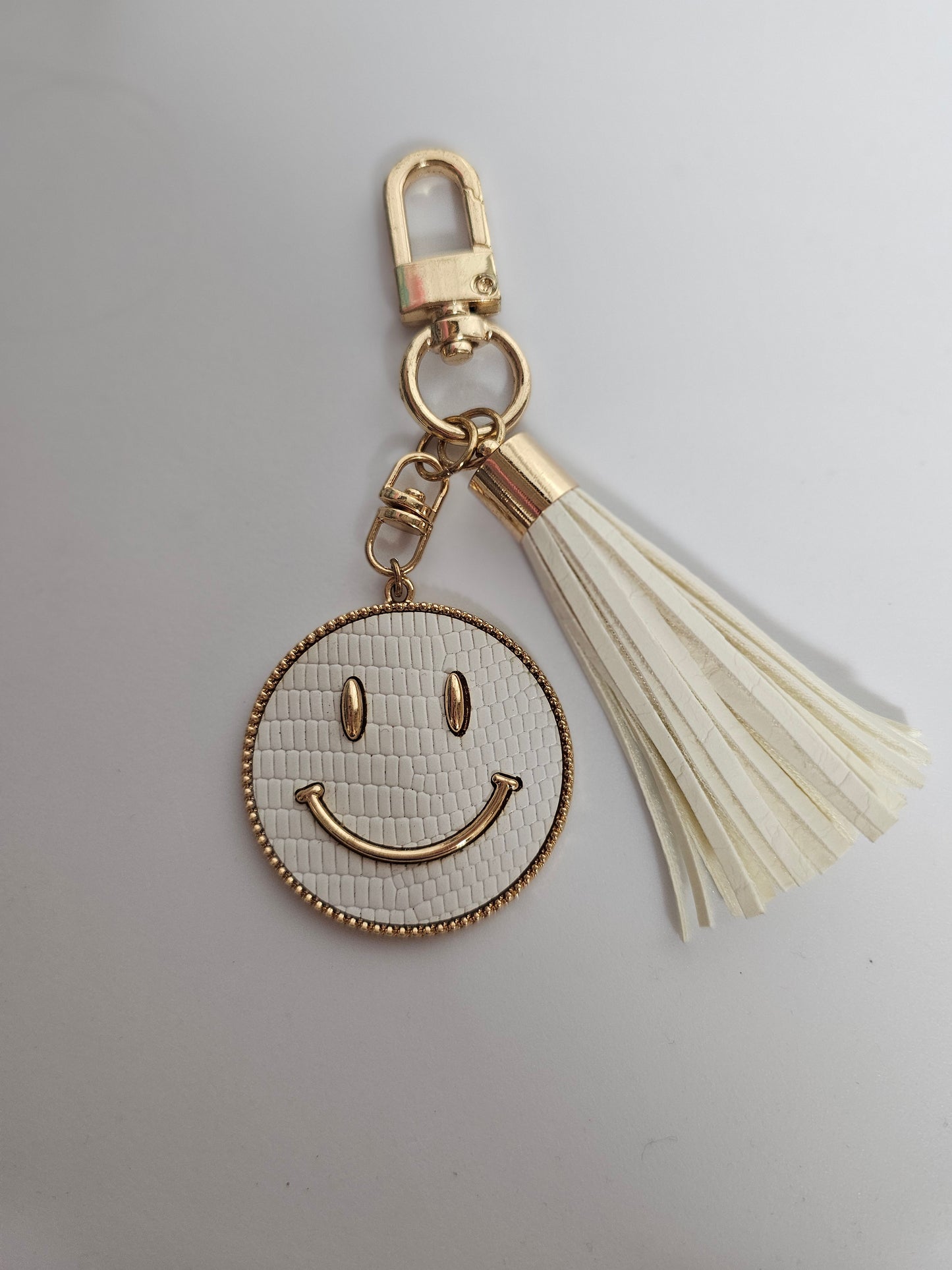 White Smiley Face Genuine Leather Coin Keychain w/tassel