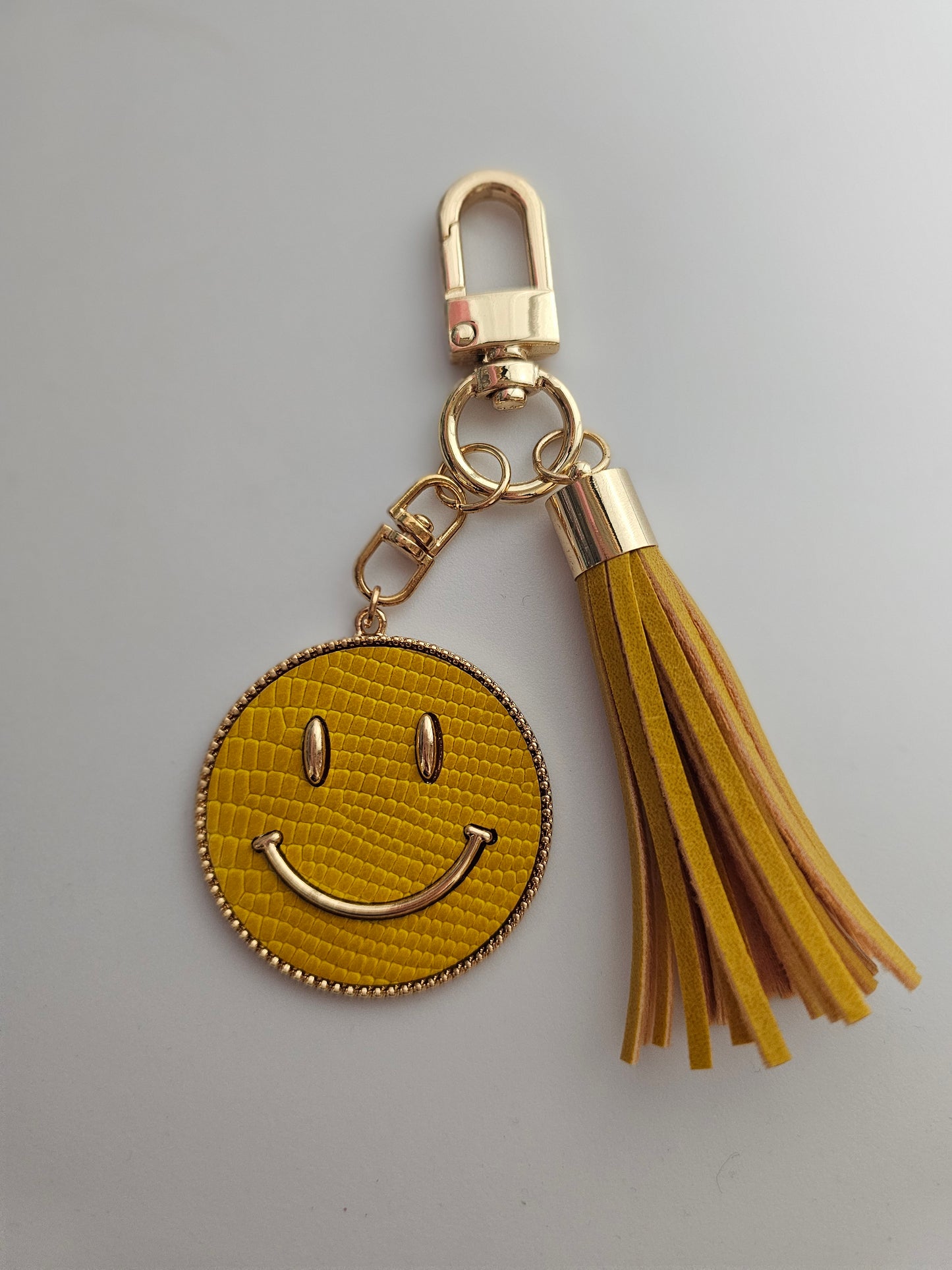 Yellow Smiley Face Genuine Leather Coin Keychain w/tassel