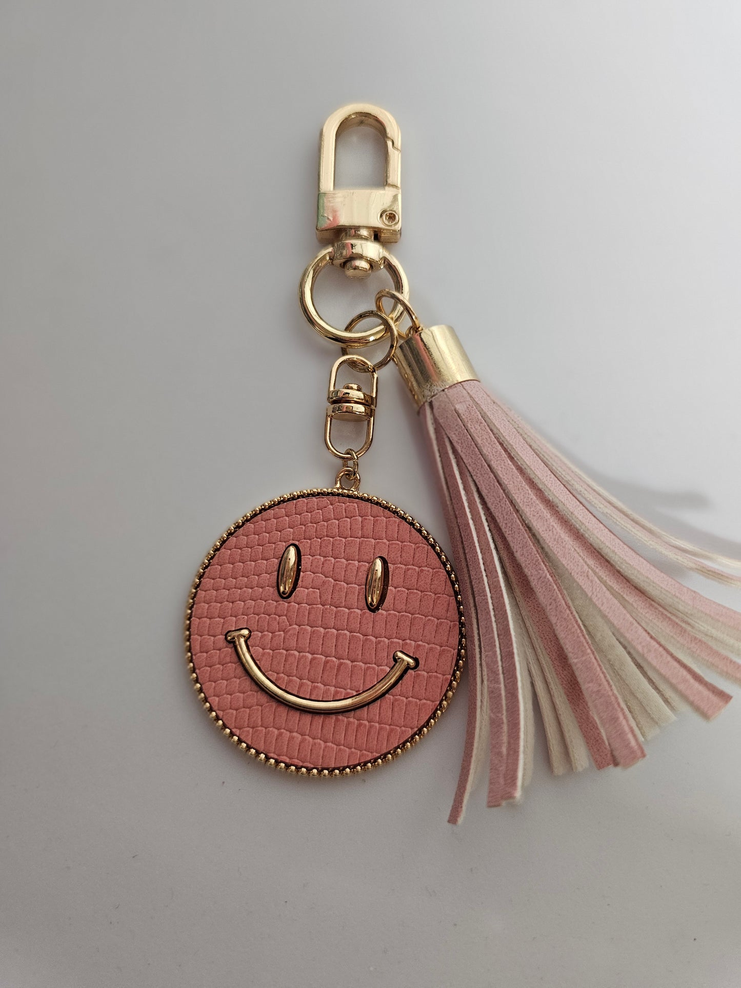 Pink Smiley Face Genuine Leather Coin Keychain w/tassel