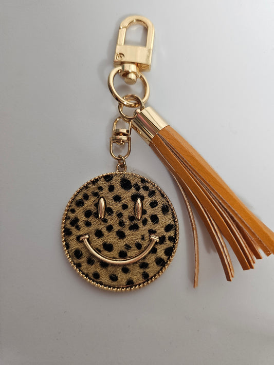 Animal Print Smiley Face Coin Keychain w/brown tassel