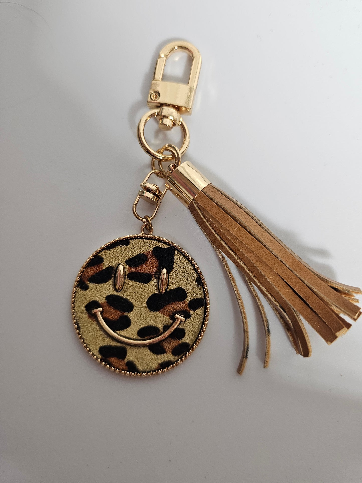 Animal Print Smiley Face Coin Keychain w/brown Tassel #2 - Simply Graced Mama