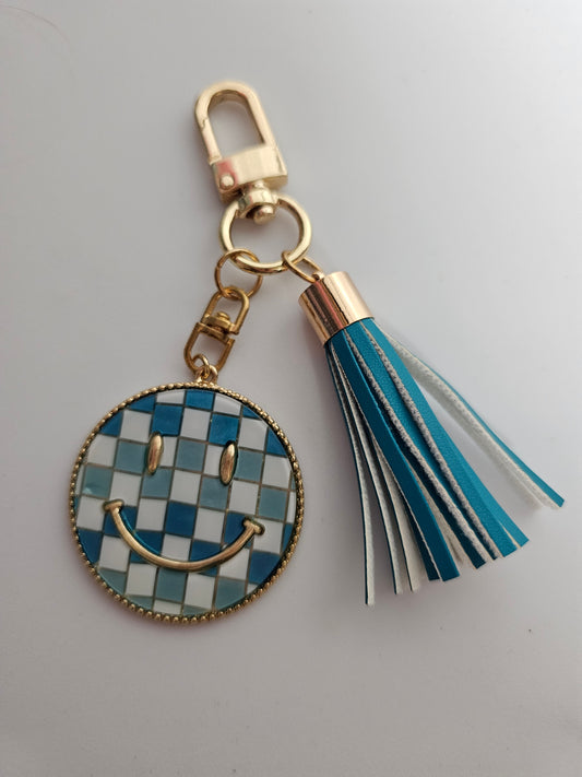 Blue Checkered Smiley Face Resin Coin Keychain w/tassel