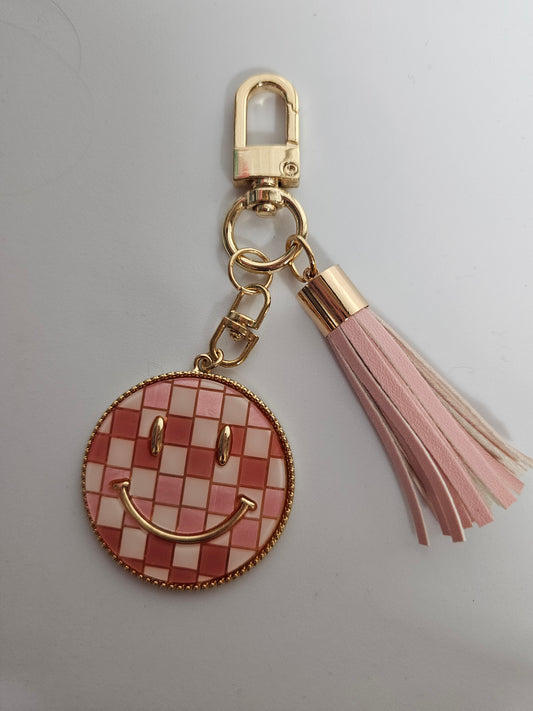 Pink Checkered Smiley Face Resin Coin Keychain w/tassel