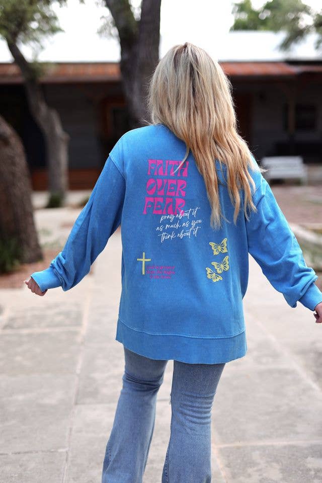 Mineral Wash Pullover- Faith Over Fear in Cobalt Blue
