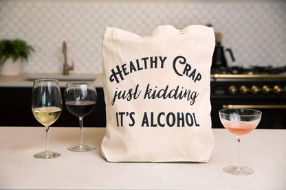 Healthy Crap Tote Bag (wine grocery, alcohol canvas, leather - Simply Graced Mama