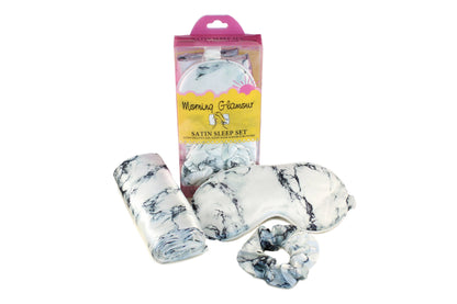 Ultimate Sleep Set Satin Pillowcase, Eye mask and Scrunchie: Marble Print