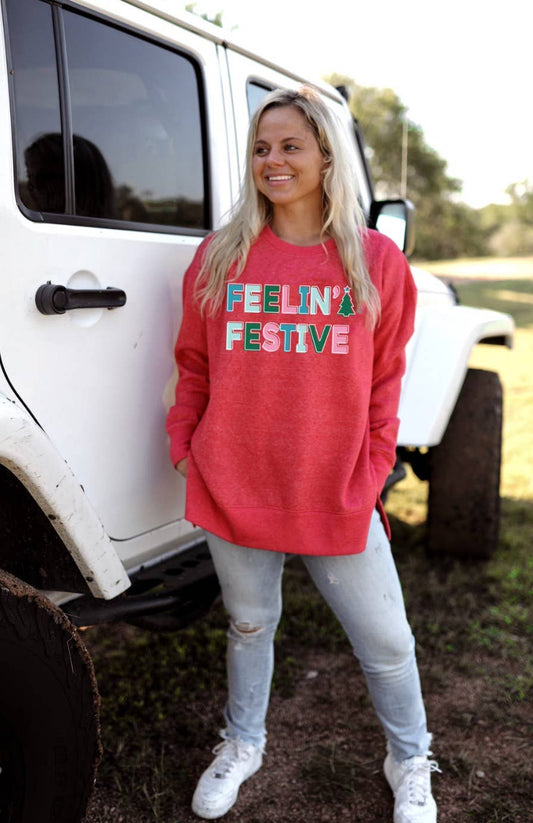 Feelin' Festive Side Slit Sweatshirt in Red