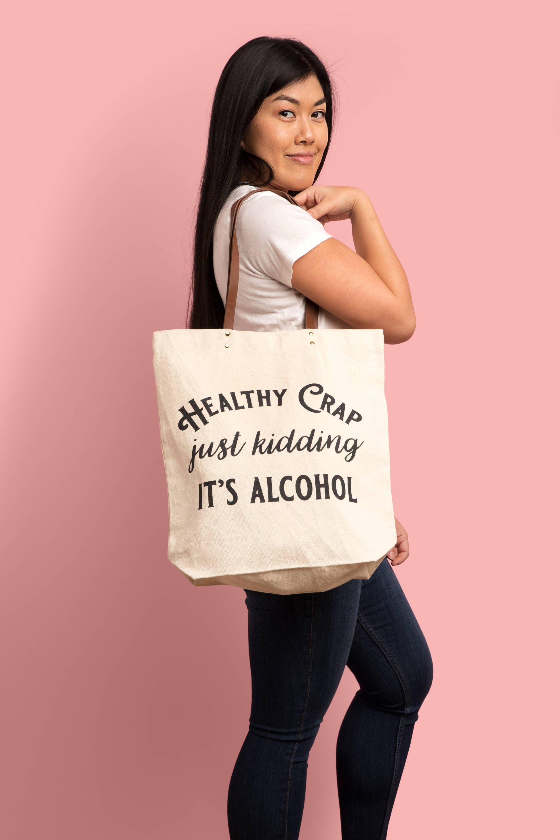 Healthy Crap Tote Bag (wine grocery, alcohol canvas, leather - Simply Graced Mama