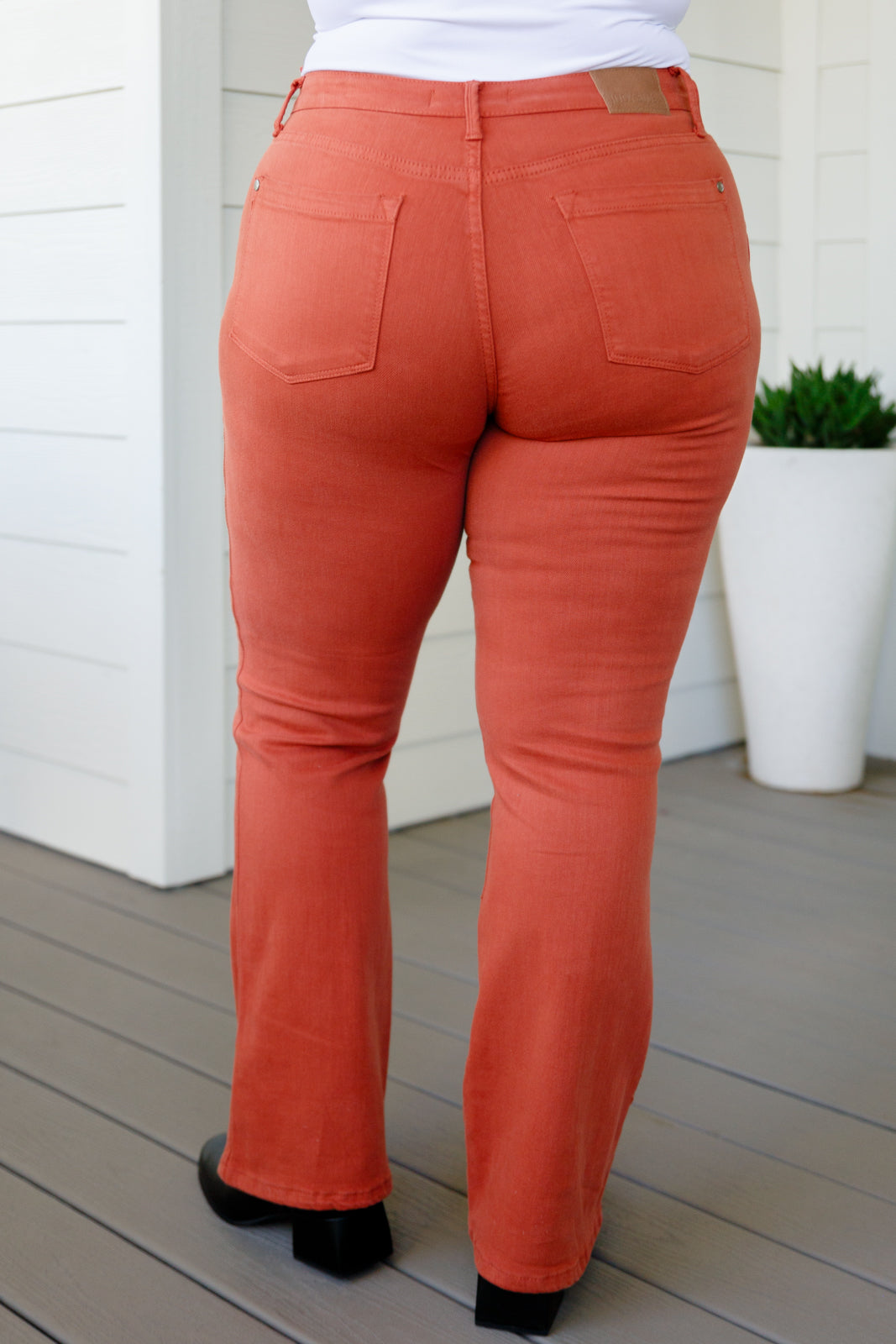 Autumn Mid Rise Slim Bootcut Jeans in Terracotta - Simply Graced Mama