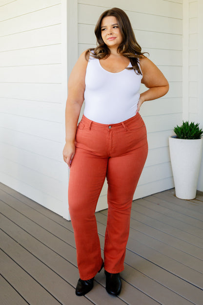 Autumn Mid Rise Slim Bootcut Jeans in Terracotta - Simply Graced Mama