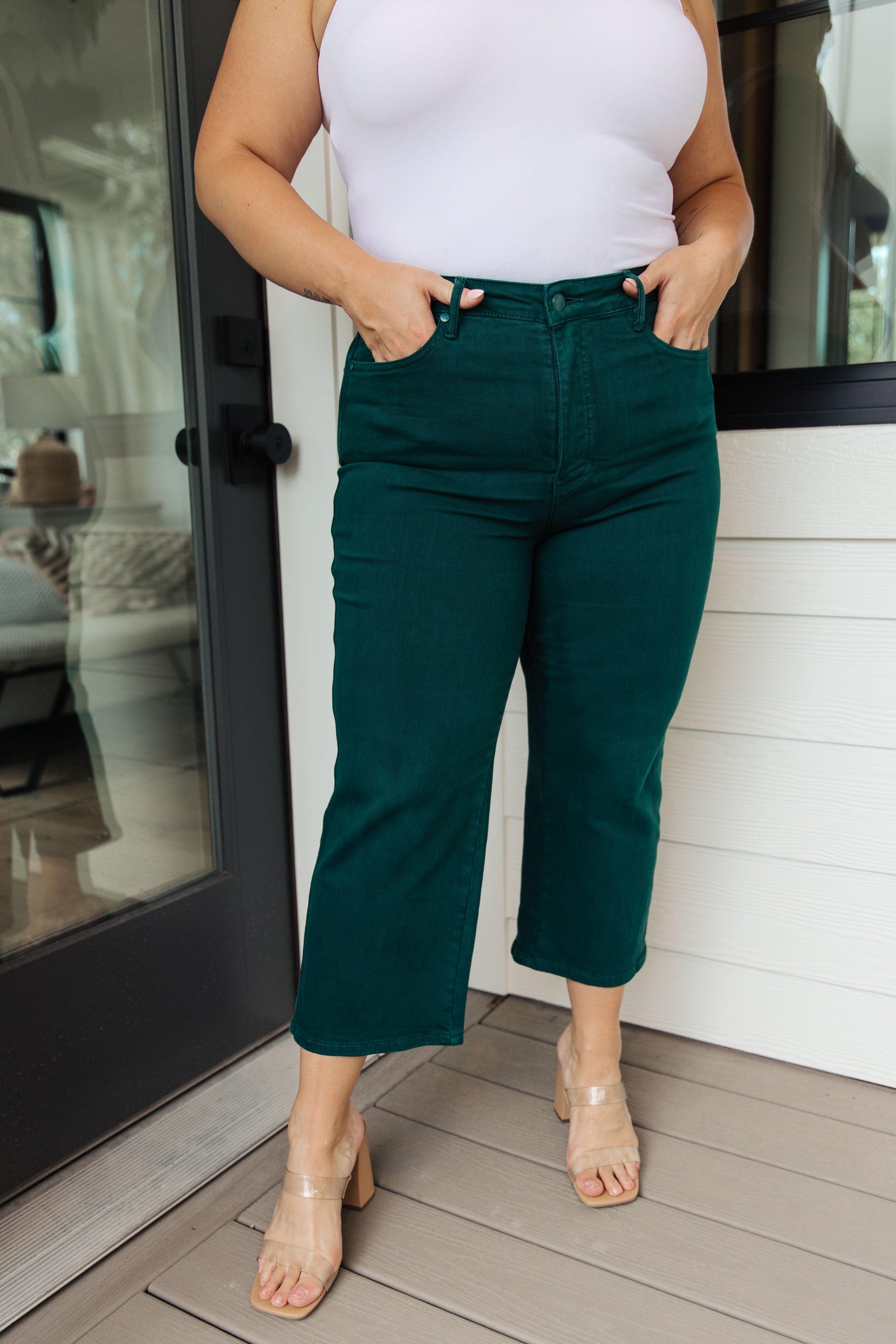 Briar High Rise Control Top Wide Leg Crop Jeans in Teal - Simply Graced Mama