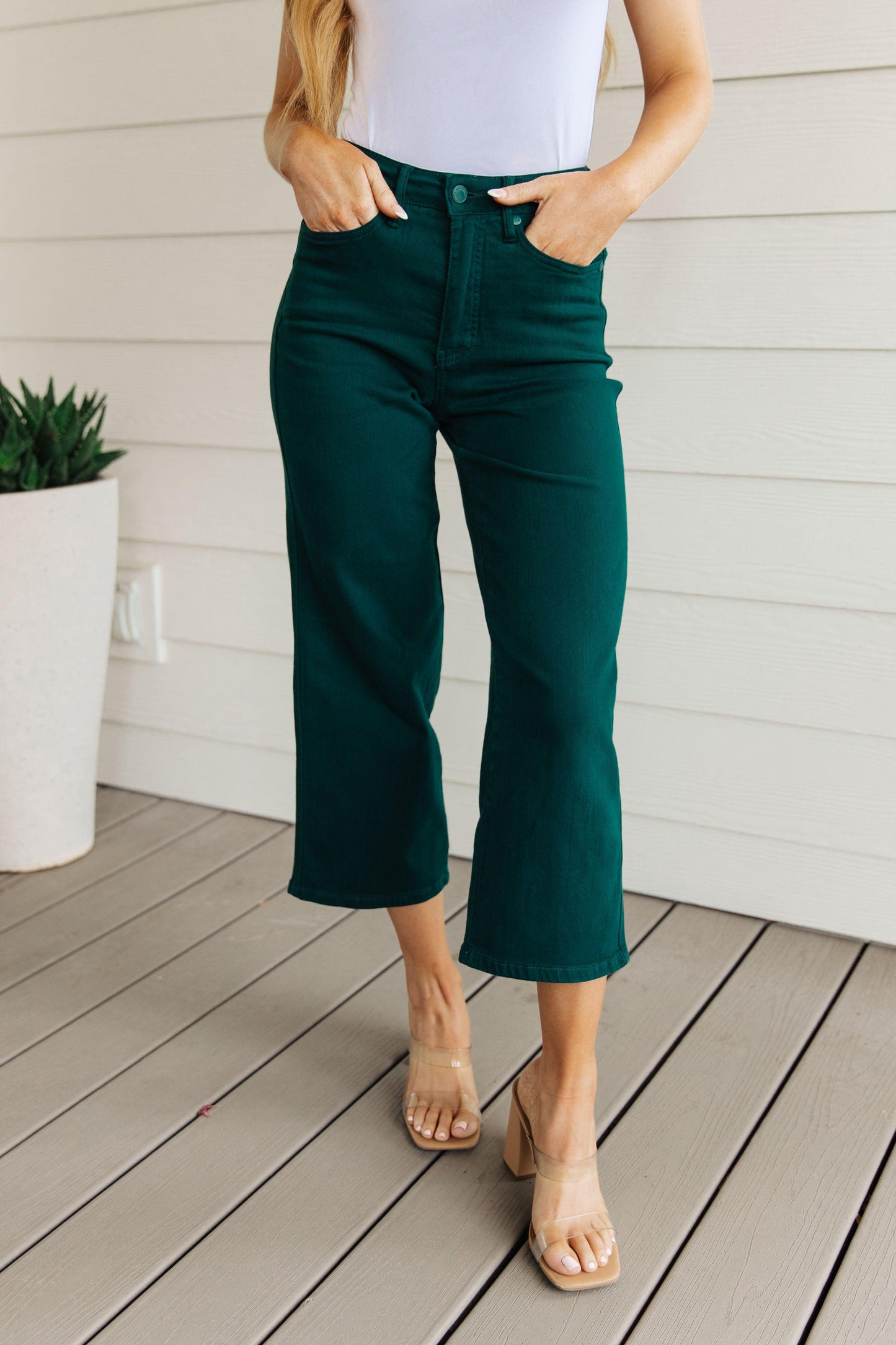 Briar High Rise Control Top Wide Leg Crop Jeans in Teal - Simply Graced Mama