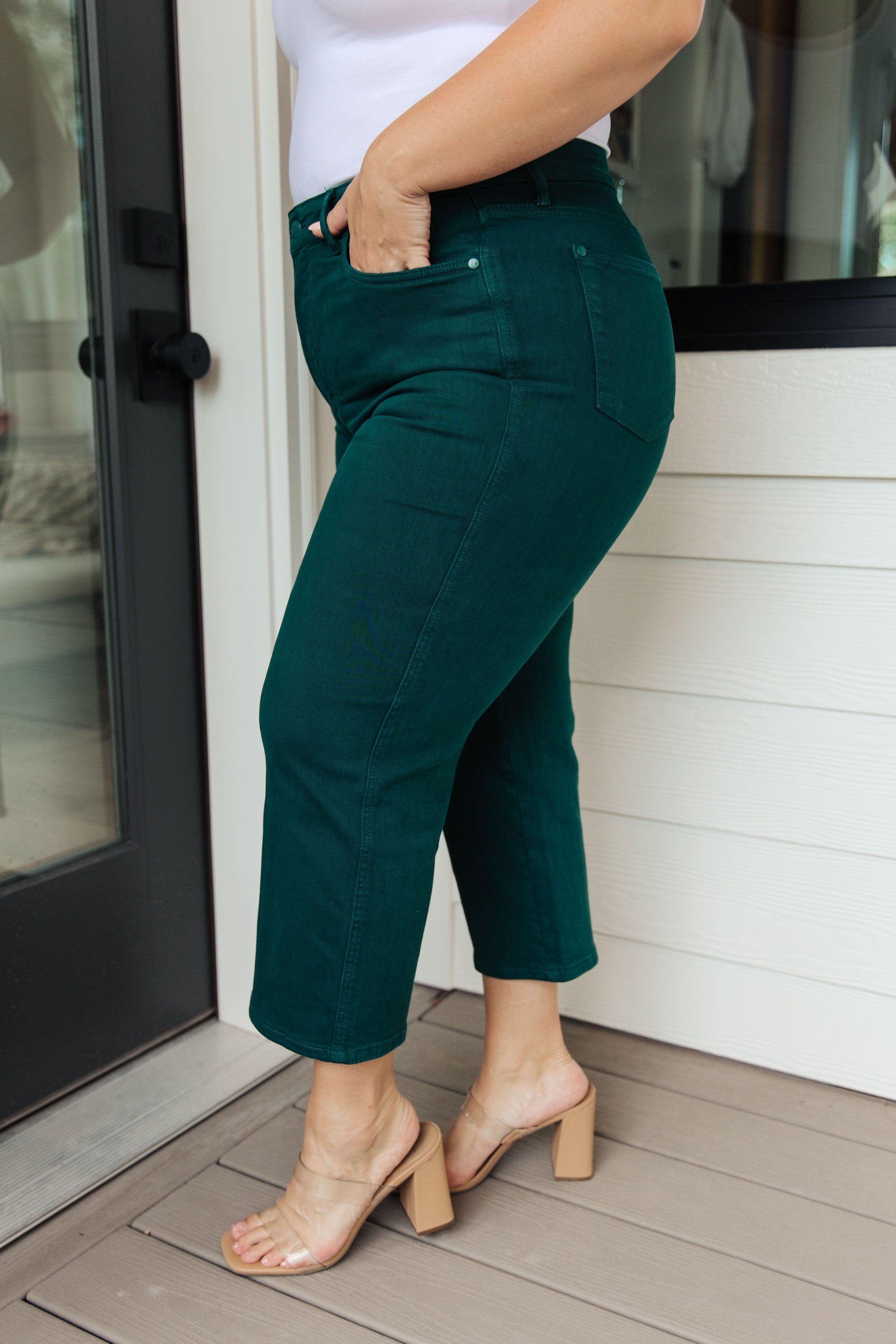 Briar High Rise Control Top Wide Leg Crop Jeans in Teal - Simply Graced Mama