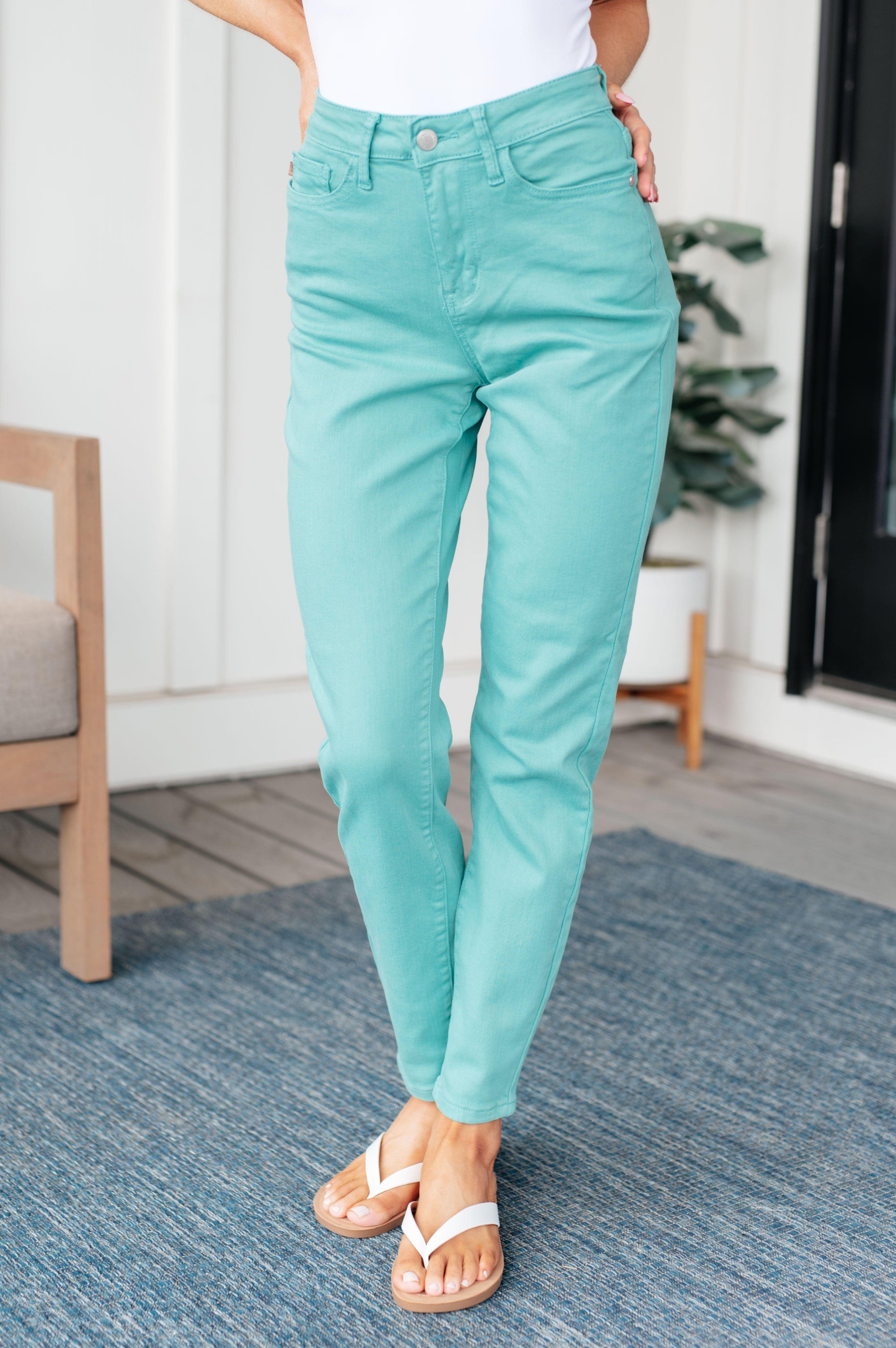 Bridgette High Rise Garment Dyed Slim Jeans in Aquamarine - Simply Graced Mama