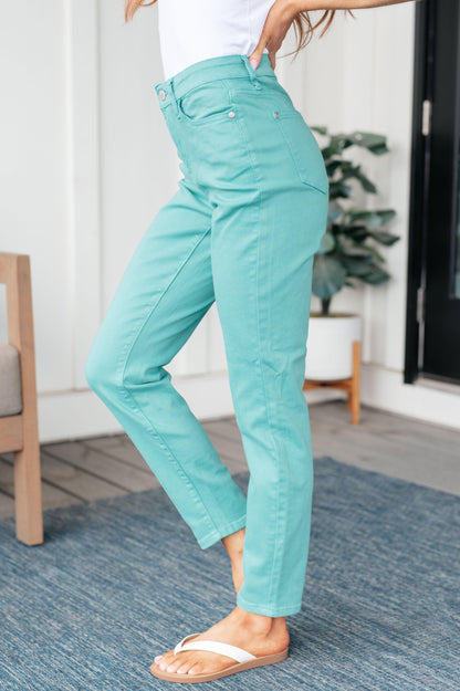 Bridgette High Rise Garment Dyed Slim Jeans in Aquamarine - Simply Graced Mama