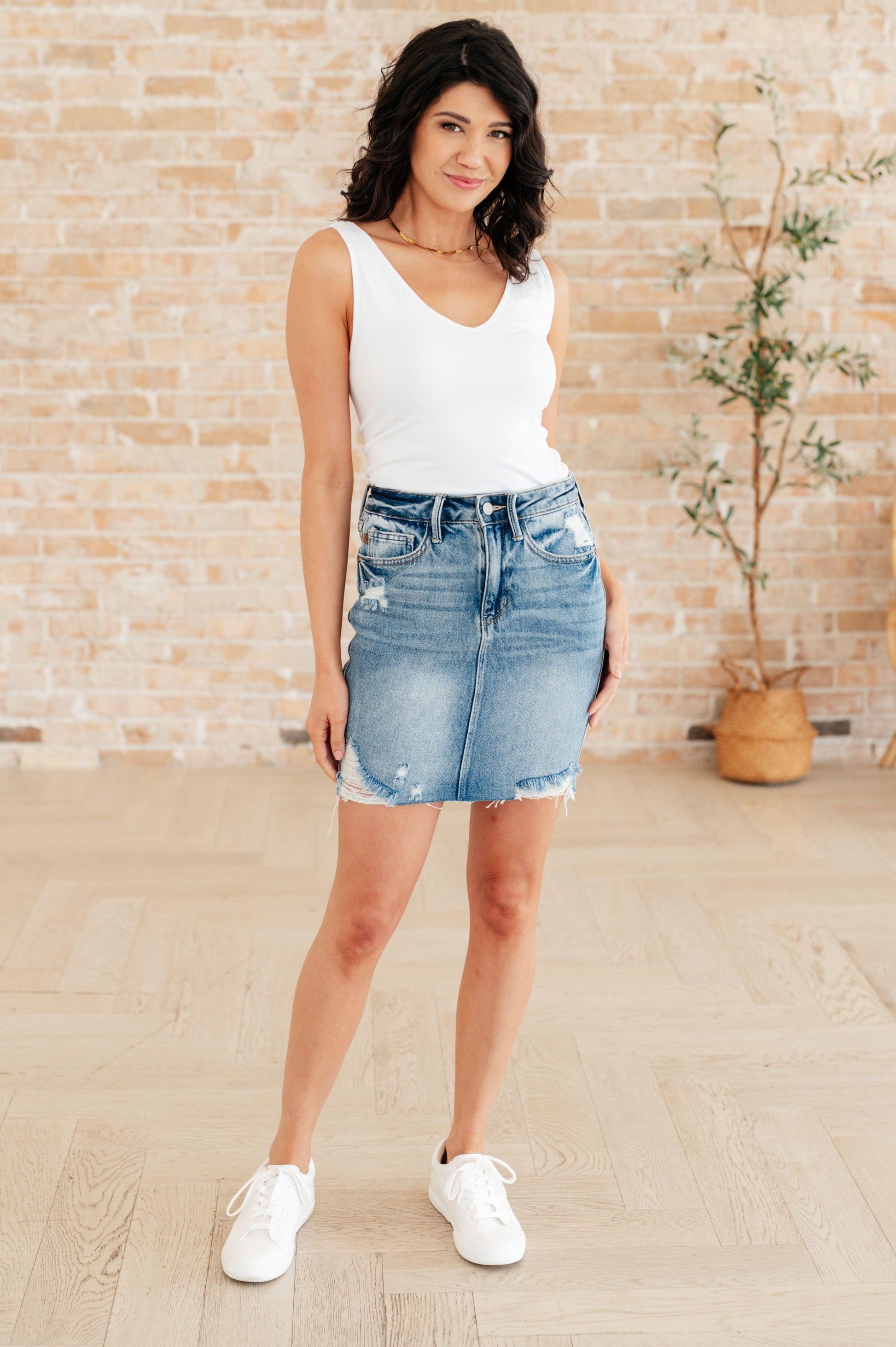 Carol High Rise Rigid Magic Denim Skirt - Simply Graced Mama