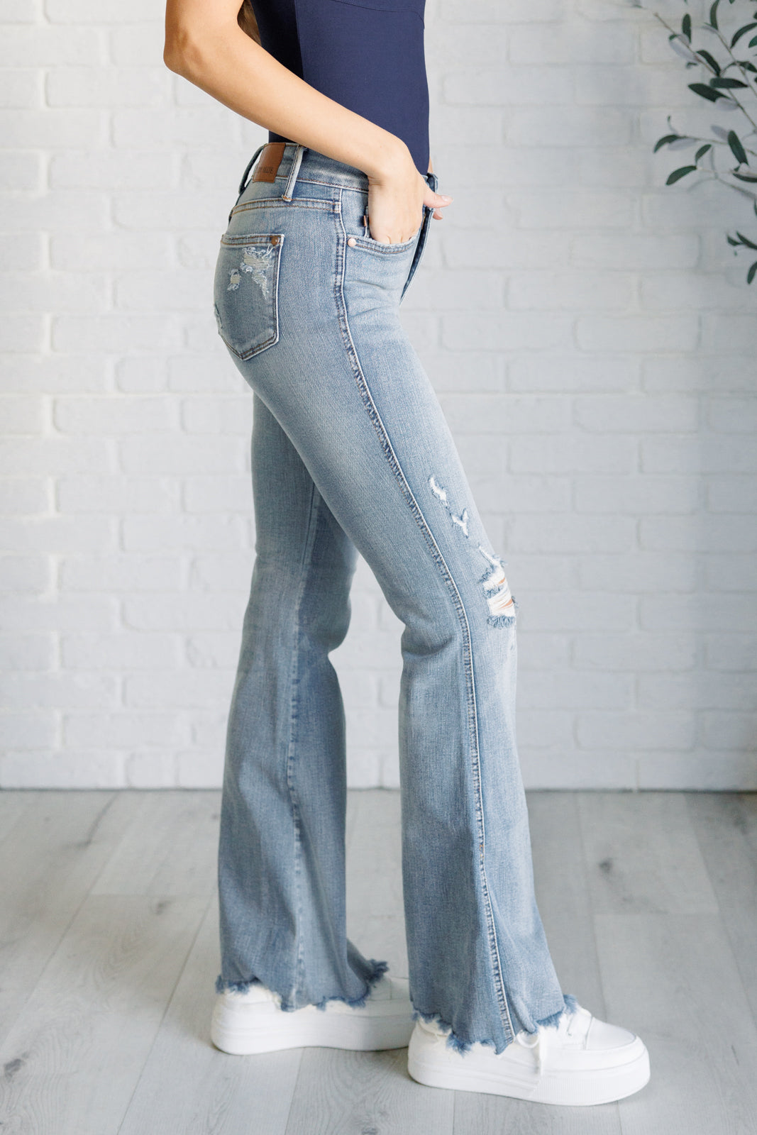 Caroline Mid Rise Control Top Distressed Flare Jeans - Simply Graced Mama