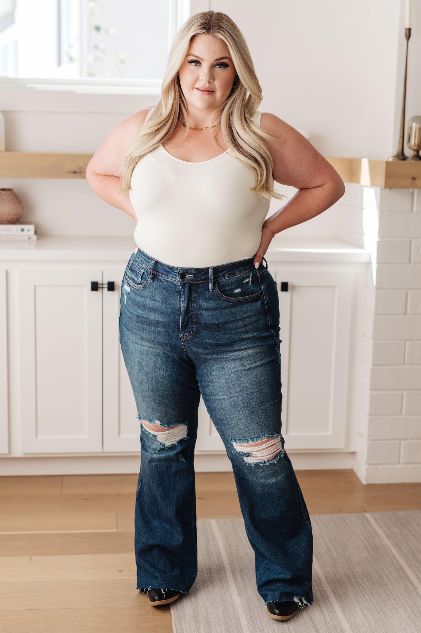 Cassandra High Rise Control Top Distressed Flare Jeans - Simply Graced Mama