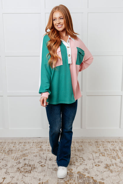 Chip Off the Old Colorblock V-Neck Henley in Green - Simply Graced Mama