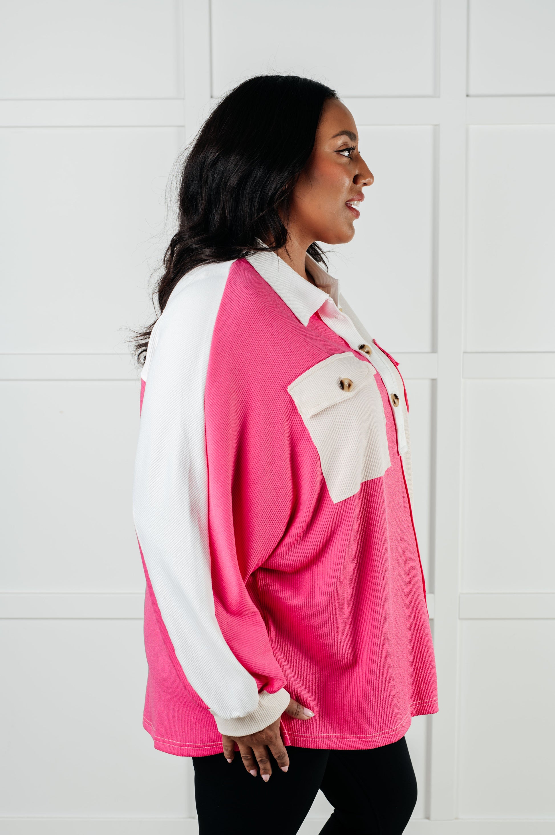 Chip Off the Old Colorblock V-Neck Henley in Pink - Simply Graced Mama